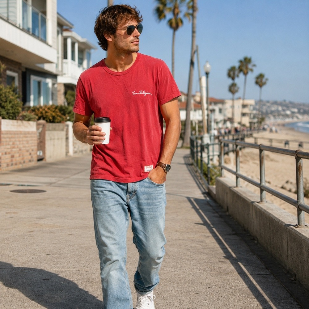 True Religion Men Large Red T Shirt Script Logo California Style USA Made Cotton